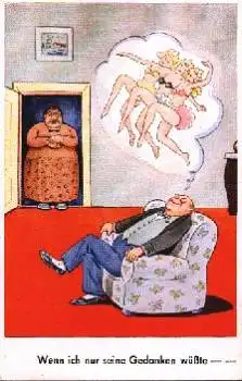 Ehemann träumt von Pin-up-Girls Humorkarte * ca.1960