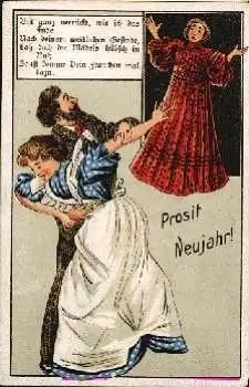Neujahr, Mann tanzt mit Frau, Ehefrau kommt dazu, Humorkarte * ca. 1920