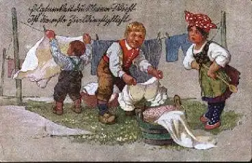 Frau mit Kochlöffel Männer hängen Wäsche Humorkarte auf gebr. 5.6.1917