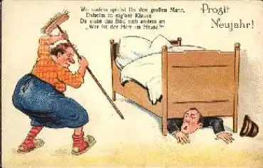 Ehepaar Humorkarte Mann unter dem Bett "Herr im Hause" * ca. 1940