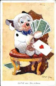 Skat, Hund Künstlerkarte sign. G. E. Studdy Herz gebr. ca. 1930