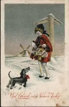 Dackel Kind mit Brief Windmühle Neujahr o 31.12.1928