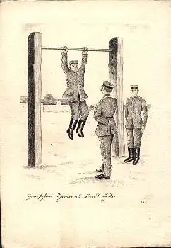Deutscher Soldat am Reck 1. WK Sport Humor " Zwischen Himmel u. Erde" * ca.1915