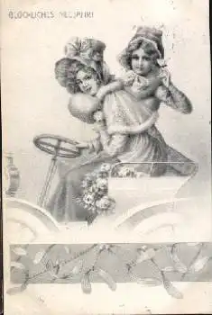 Frau mit Mädchen in Auto, Künstlerkarte, Neujahr, o ca. 1910