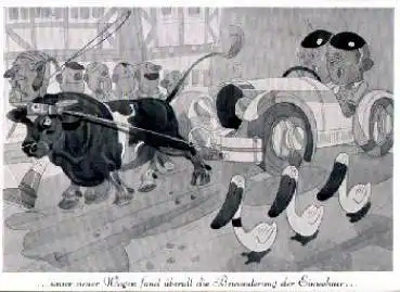 Kfz Humor Auto von Stier gezogen Enten Kuh *ca. 1960