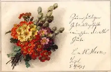 Frühlingsblumenstrauß mit Weidenkätzchen Künstlerkarte M&B 2271 o 3.6.1917
