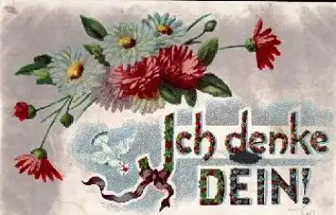 Blumen mit Brieftaube "Ich denke Dein" Künstlerkarte gebr. ca. 1920