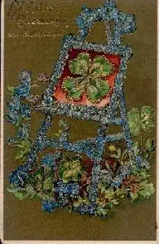 Vergißmeinnicht Staffelei mit Glückskleeblatt Goldrägekarte gebr. ca. 1910