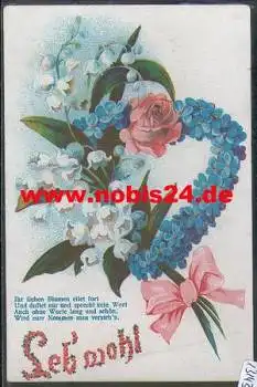 Vergißmeinnicht als Herz mit Maiglöckchen und Rose *ca. 1920