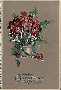 Rote Blumen in silbernen Schale Prägekarte * ca. 1920