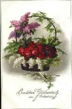 Rosen in Korb mit weißen und violetten Flieder o 5.6.1917