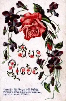 Veilchen mit roter Rose und Knospe, Aus Liebe, gebr. ca. 1920