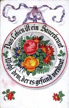 Rose in gelb und rot mit anderen Blumen als Medaille angeordnet, o 3.4.1918