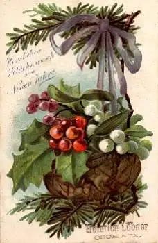 Tannenzweig mit Nuss und Früchten, Prägekarte, o 31.12.1905