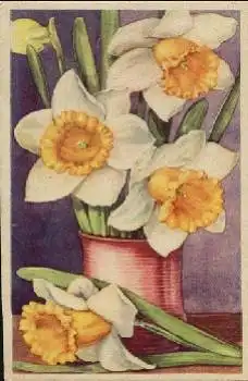 Osterglocken in roter Vase Blumen Künstlerkarte * ca. 1920