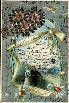 Margeriten aufgeklebte glänzende Blumen Jugendstilkarte o 7.8.1902