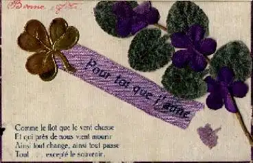Veilchen und Kleeblatt aufgeklebt in Stoff violette Schleife * ca. 1910