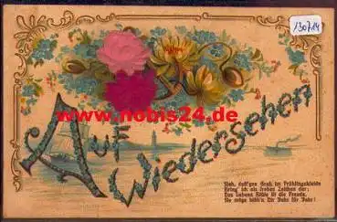 Vergiß-mein-Nicht Prägekarte mit Stoffapplikation gebr.ca. 1910