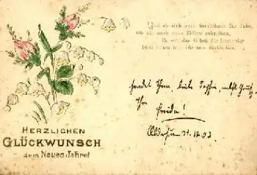 Rosen mit Maiglöckchen Neujahr Prägekarte Jugendstil o 31.12.1902