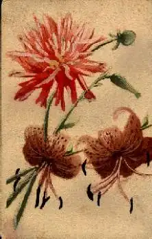 Aster mit Orchidee handgemahlte Karte * ca. 1930