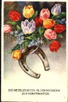 Tulpen mit Vergißmeinnicht und Hufeisen Konfirmationskarte * ca. 1920