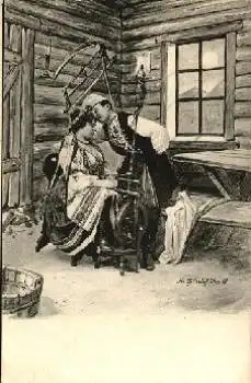 Frau an Spinnrad Künstlerkarte Fec. Ch. Scolik * ca. 1900