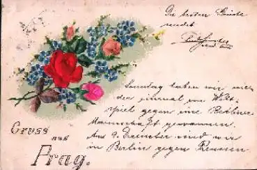 Rosen und Vergiß-Mein-Nicht Prägekarte mit Stoffapplikation o 26.11.1900