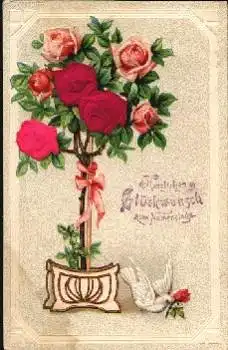 Rosenstrauch mit Taube Namenstag Prägekarte mit Stoffablikation o 20.6.1910