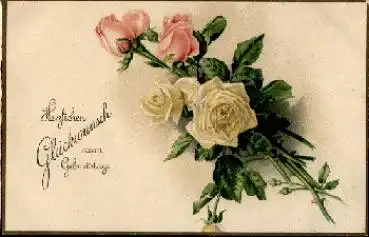 Rosenstrauß mit gelben und rosafarbenen Blüten Geburtstagskarte o 5.6.1917