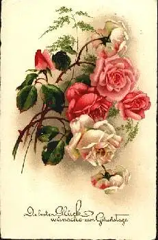 Rosenzweige in rosa und weiß mit Farn Geburtstagskarte o 1931