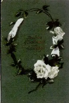 Kranz aus weißen Rosen Geburtstagskarte gebr. ca. 1930