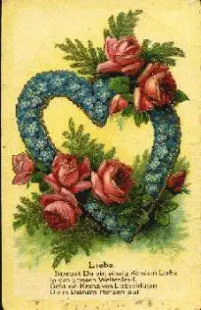 Rote Rosen mit Vergiß-mein-Nicht-Herz Goldschnittkarte gebr. ca. 1910