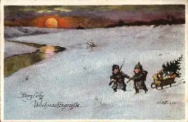 Kinder als Soldaten mit Schlitten Weihnachten Künstlerkarte Ad. Hofmann gebr. 1915
