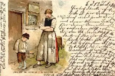 Junge hat Loch im Strumpf  Künstlerkarte F. Reis Meggendorfer Blätter nr.14 o 13.7.1898