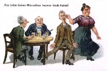 Trunkenheit Bierrunde Frau zieht Mann am Ohr *ca. 1930