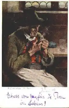 Der Raucher Künstlerkarke H. Lindenschmit Tabakspfeife * ca. 1900