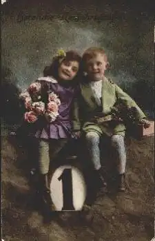 Neujahrsgrüße Kinder mit Rosen o 31.12.1919