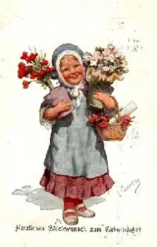 Kind mit Blumentöpfen Geburtstag Künstlerkarte K. Feiertag o 20.7.1912