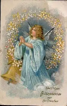 Engel mit Glocke Konfirmation gebr. 1900
