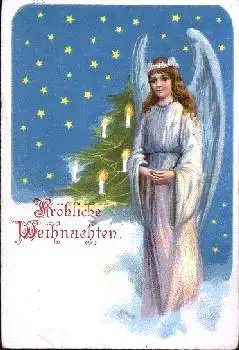 Engel betend vor Weihnachtsbaum Litho * ca. 1900
