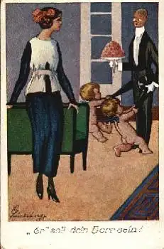 Engel ziehen Ehemann mit Blumenstrauß Künstlerkarte Linkeburg * ca.1920
