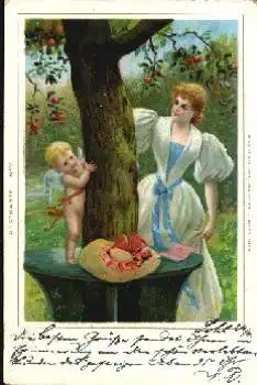 Liebesengel mit Frau Künstlerkarte o 21.4.1899