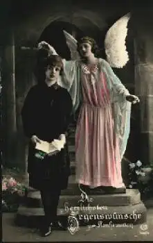 Konfirmation Schutzengel mit Mädchen gebr. um 1920