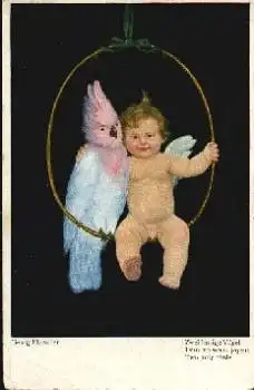 Engel mit Papagei auf Schaukel Künstlekarte Georg Flatscher * um 1920