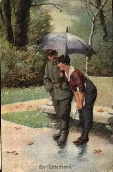 Soldatenhumor Nr.1 "Der Unterstand" Regenschirm Künstlerkarte * ca. 1915