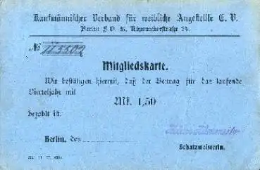 Kaufmännischer Verband weiblicher Angestellte Mitgliedskarte o 22.2.1918