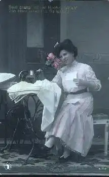 Schneider Hausarbeit Frau an der Nähmaschine mit Brief gebr. ca. 1910