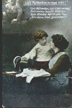 Schneiderin Hausarbeit Frau mit Kind an Nähmaschine Soldat, Feldpost o 25.6.1940
