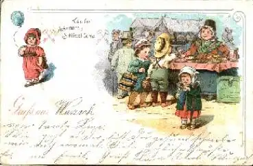 Verkäuferin Marktfrau Kind mit Luftballon Litho o 12.3.1905