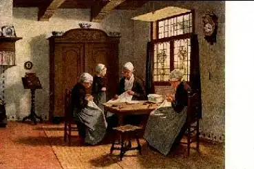 Hausarbeit Nähstube Frau beim Nähen Künstlerkarte Artz *ca. 1920